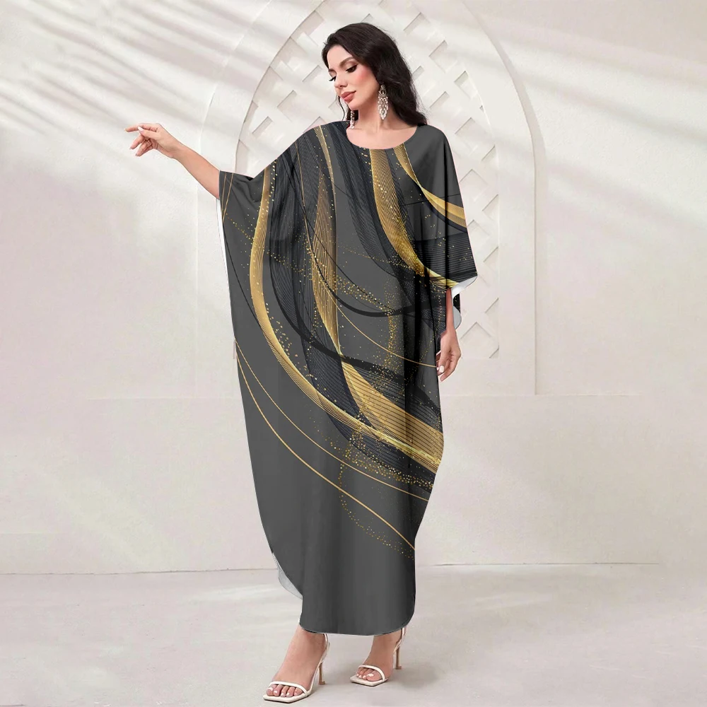 Eid Muslim Party Women's Robe Bat Sleeve Textured Printed Ramadan Robe Moroccan Women's Elegant Dress Dubai Noble Clothing 2024