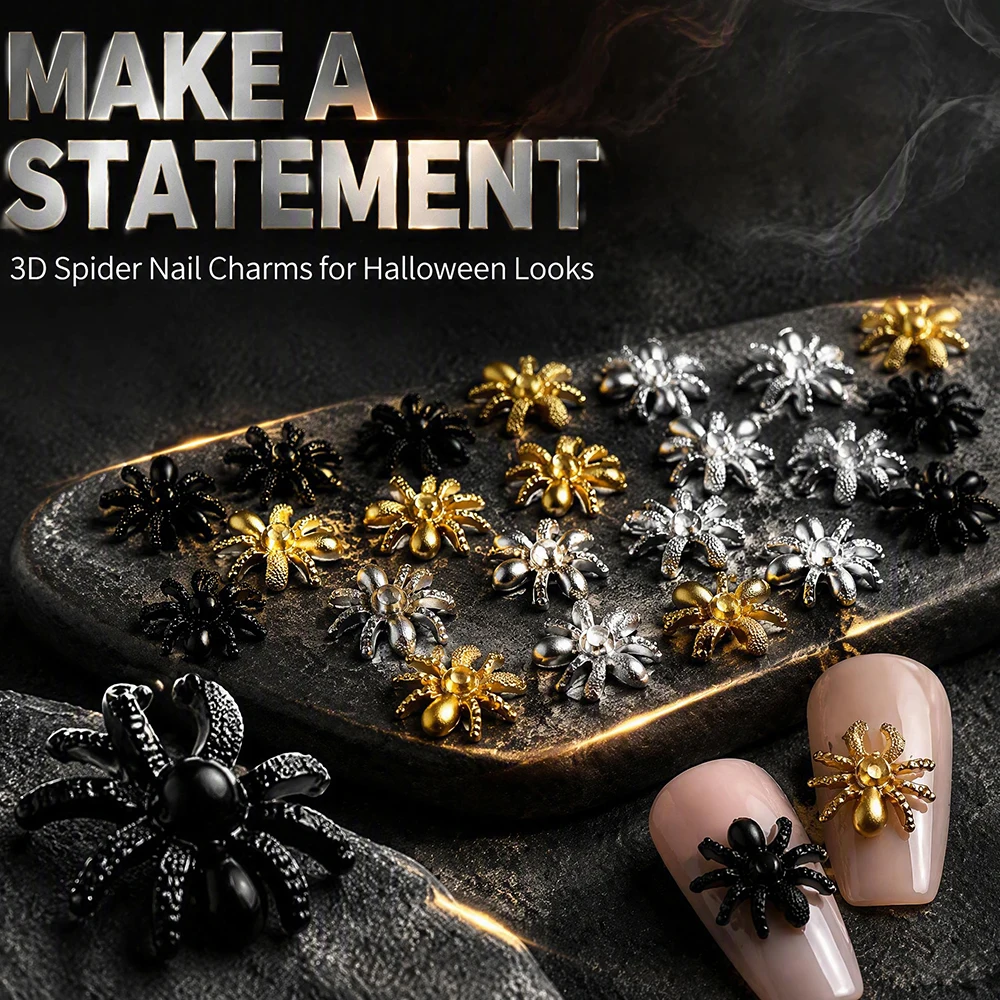 50 Stück 3D Spinnen-Nagelcharms aus Harz in Schwarz, Gold und Silber, Vintage Halloween Strass-Accessoires im Gothic-Stil für DIY-Projekte – Detail 1