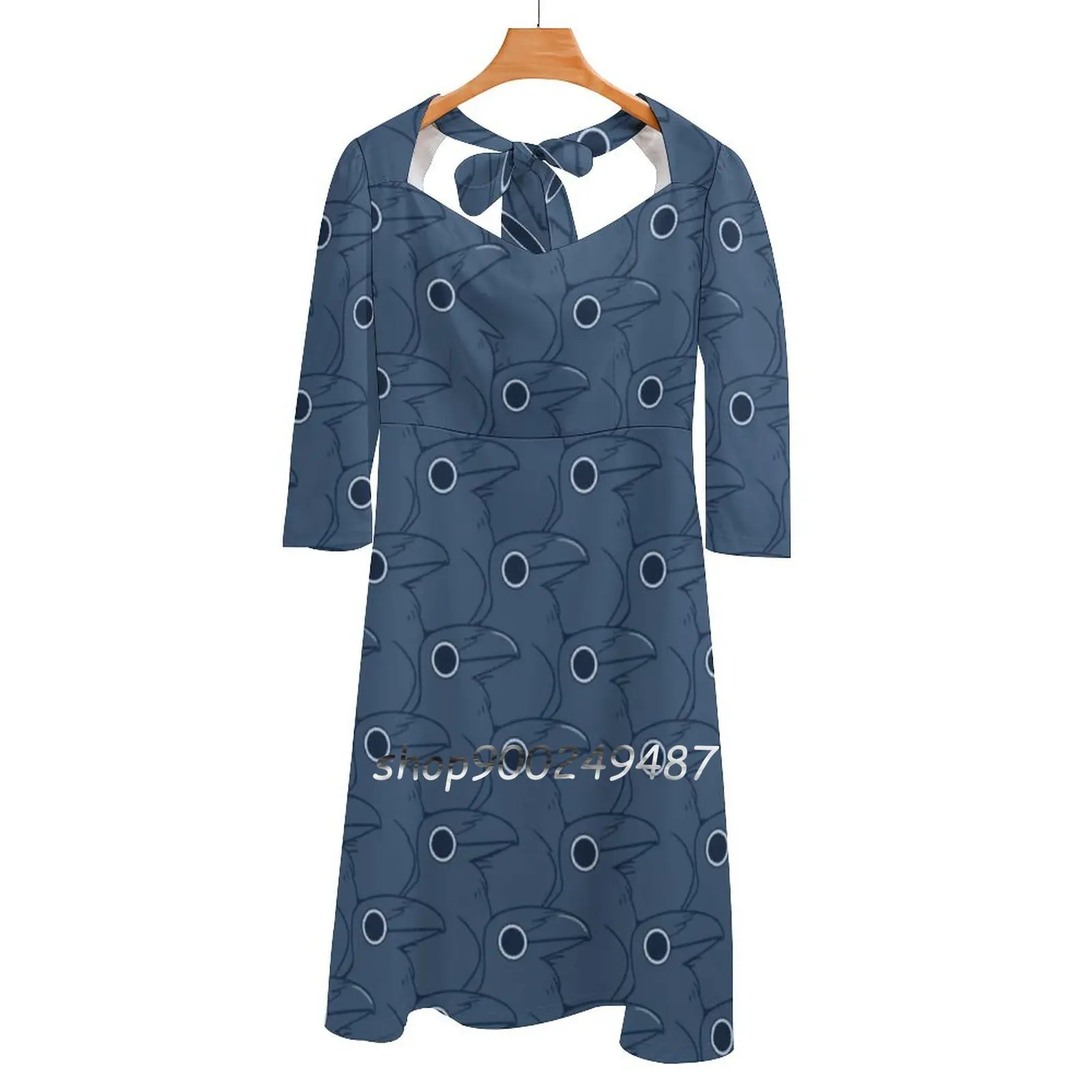 Classy Dots... Or Secret Crows ? Square Neck Dress Cute Loose Print Dresses Elegant Beach Party Dress Crow Raven Dot Secret