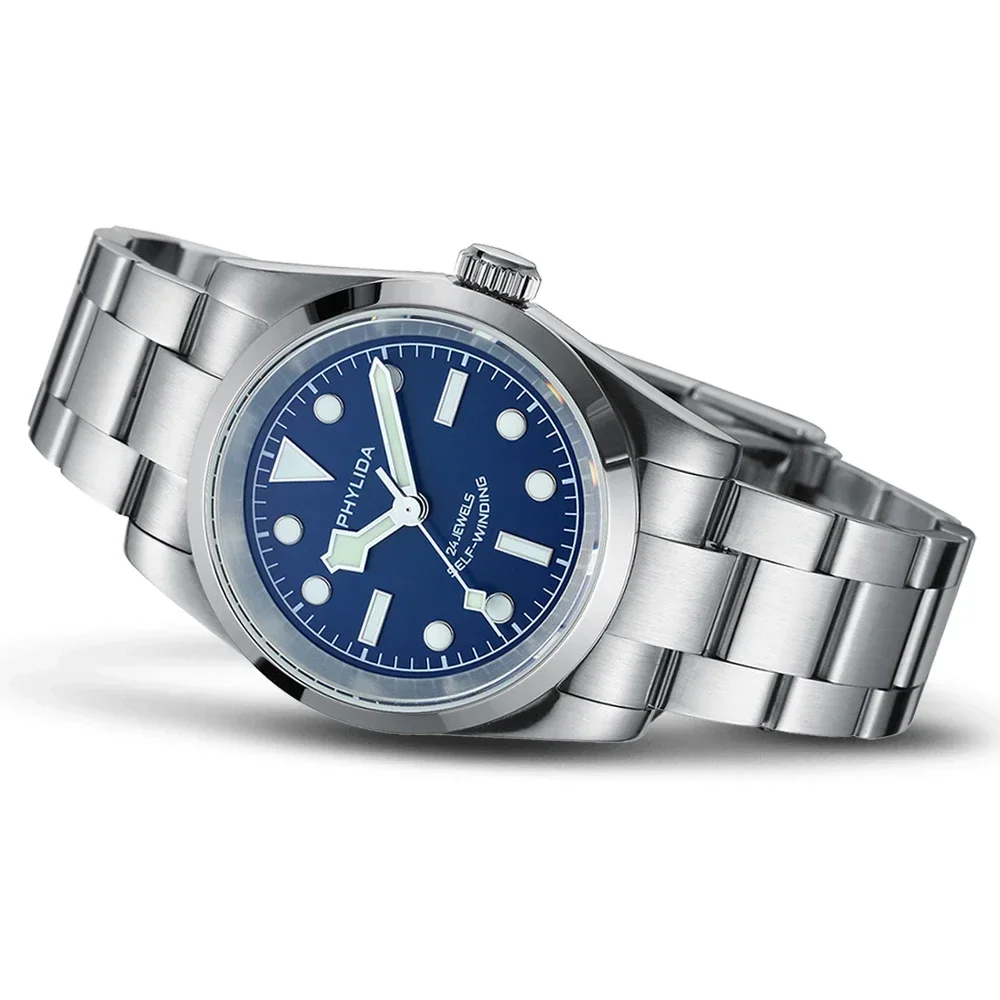 Zegarek męski PHYLIDA 37mm z niebieską tarczą, mechanizmem NH38, wodoszczelnością 150M, automatyczny zegarek BB36, mały zegarek na rękę NH35