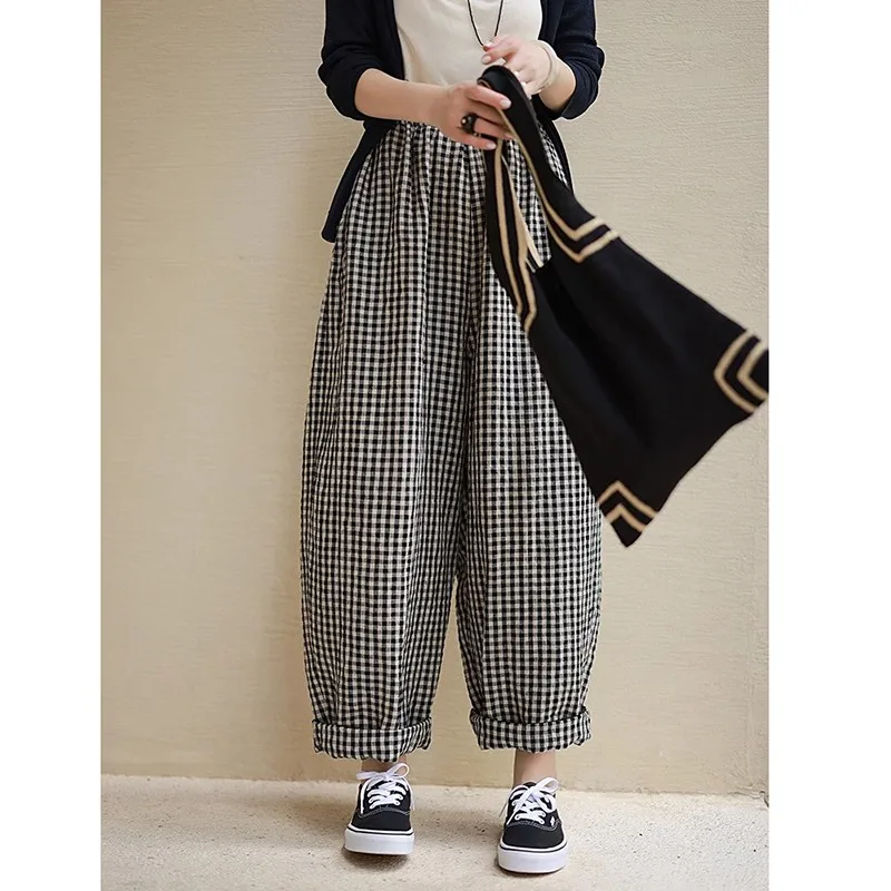 

New 2024 Summer Arts Style Women Elastic Waist Loose Ankle-length Pants All-matched Casual Cotton Linen Plaid Harem Pants