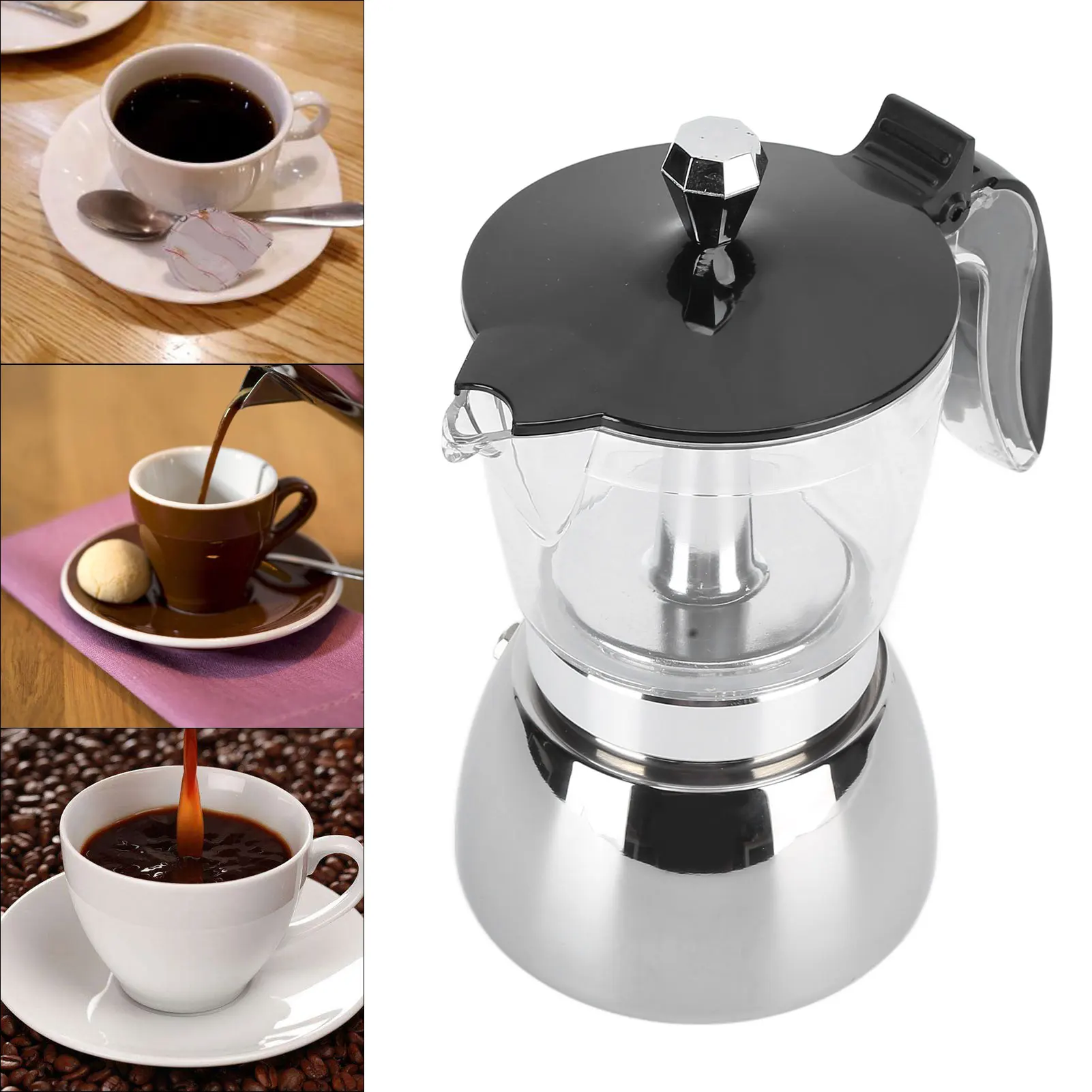 Aço inoxidável italiano Moka Pot, cafeteira octogonal, design moderno, receita de café múltipla, 300ml Capacidade, 6 xícaras