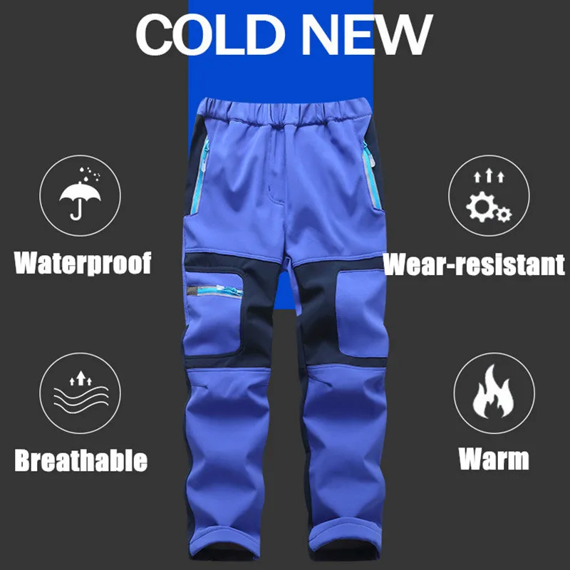 Outdoors Kids Softshell Hiking Pants Zip-Pocket Windproof Waterproof Warm Children's Camping Climbing Trousers For Girls Boys