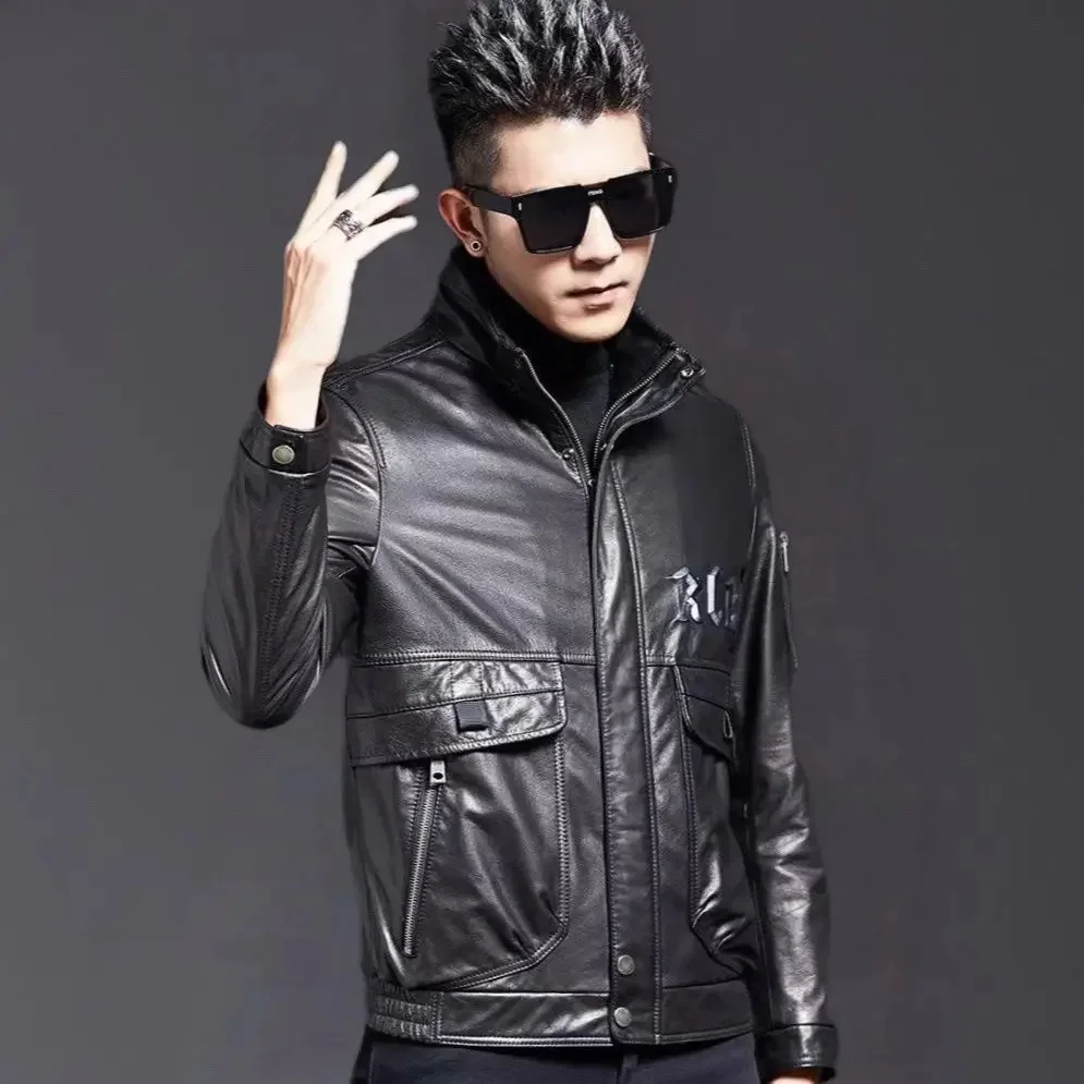 Men's Genuine Leather Jacket Biker Motorcycle Wear Short Standing Collar Oil Wax Men Sheepskin Man Coat