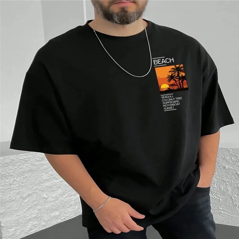 Men's polyester fabric summer loose coconut tree&Sloan pattern printed slim fit casual sports round neck short sleeved T-shirt t