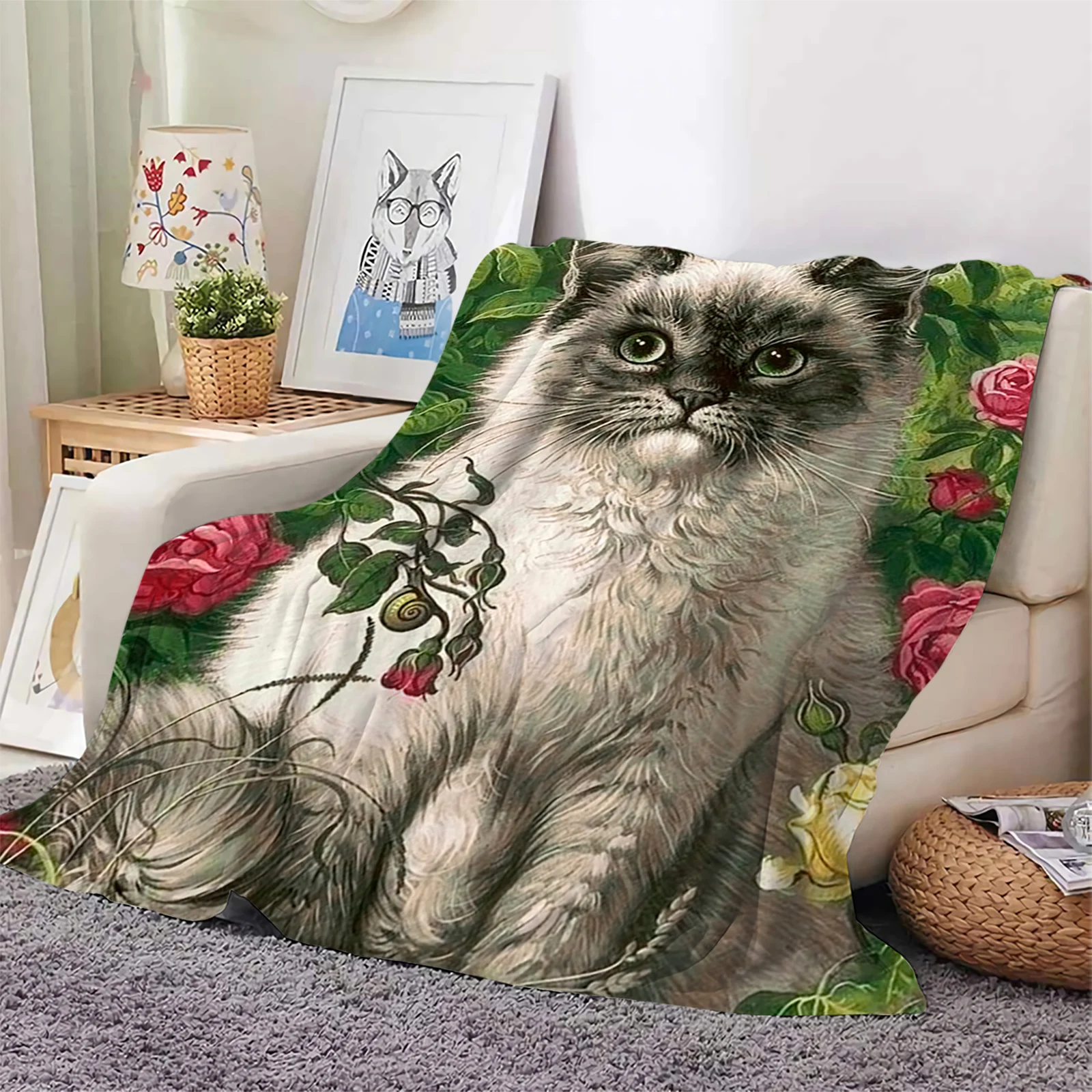 

Siamese Flannel Blankets Pretty Floral Animal Cat 3D Printed Throw Blanket Office Nap Travel Portable Quilts Dropshipping