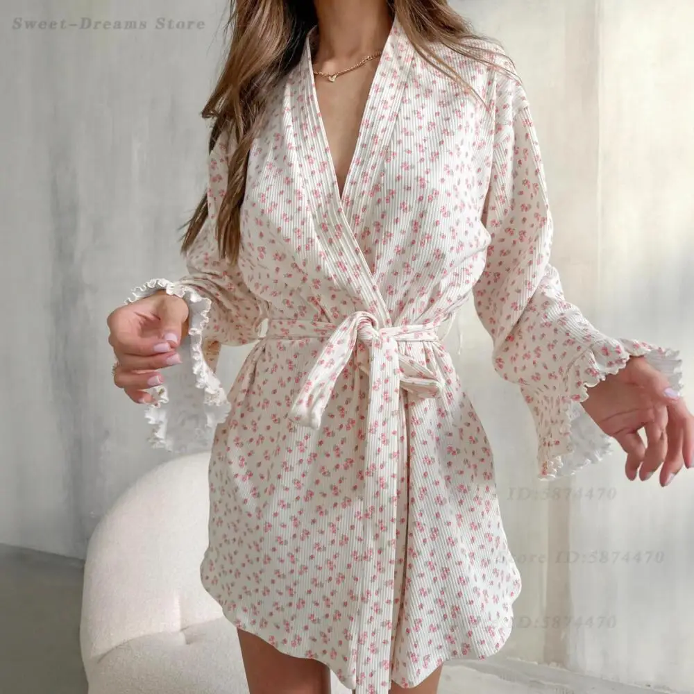 

Knitted Printed Long Sleeved Sleepwear Robe Lace Up Home Dressing Gown Spring Autumn New Bathrobe Kimono Night Wear Loungewear
