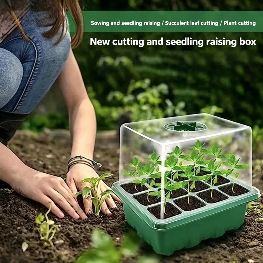 Seed Starter Tray 12 Holes Adjustable Breathable Cover Humidity Dome Plant Propagation Box