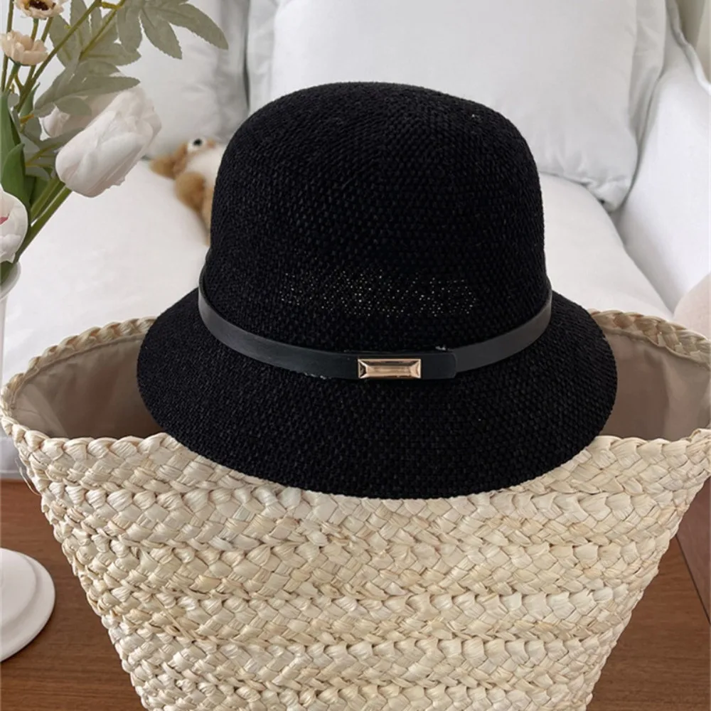 

PU Leather Belt Women Sunscreen Hats Wide Brim Sun Protection Summer Bucket Hats Breathable Sweet Outdoor Straw Hats Girls