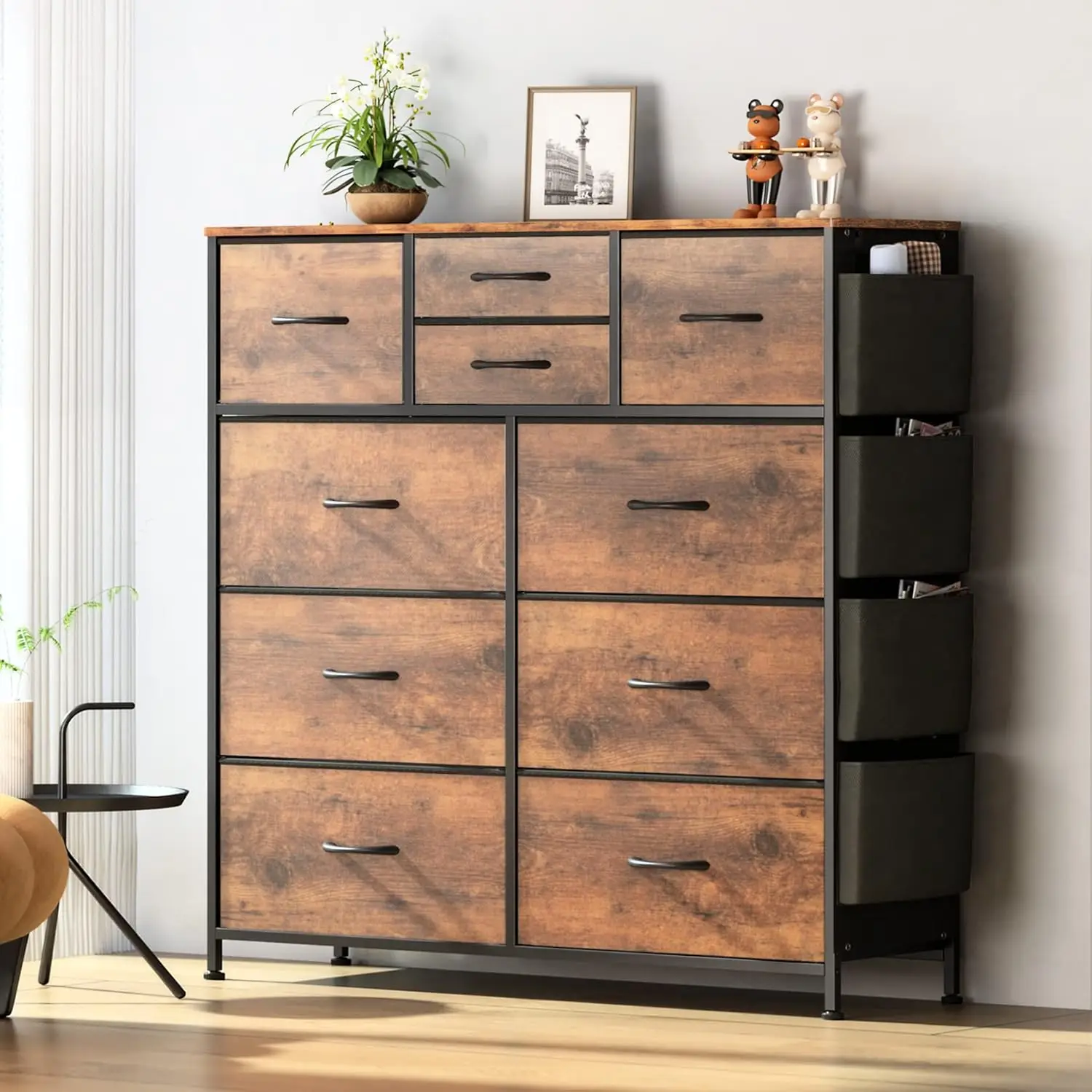 Dresser for Bedroom with 10 Drawers, Chest of Drawers with Side Pockets and Hooks, Fabric Storage Organizer Unit for Living Room