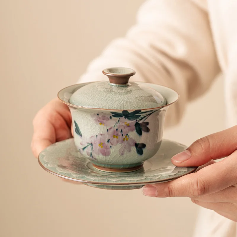 Borneol Glaze Pure Hand Painted Three Cover Bowl Kung Fu Tea Set Tea Cup Ceramic Open Piece Tea Bowl Is Not Hot Home Tea Infuser