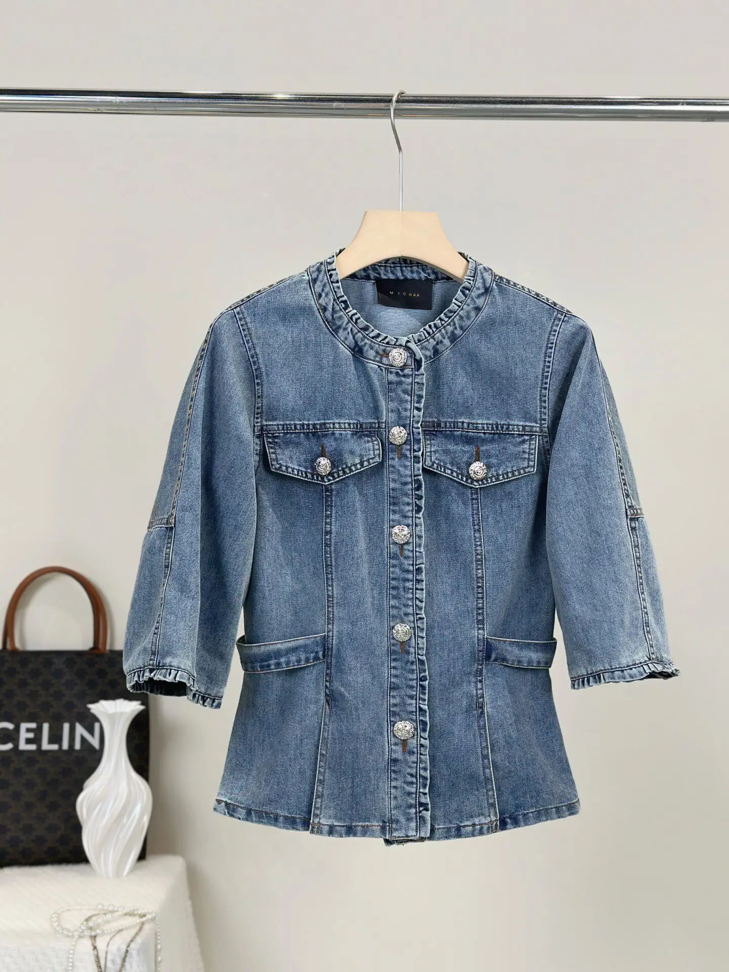 

Washed Denim Jacket Women's Slim Fit Casual Versatile Waist-Cinching Mid-Sleeve Little Black Dress Style Summer New Arrival