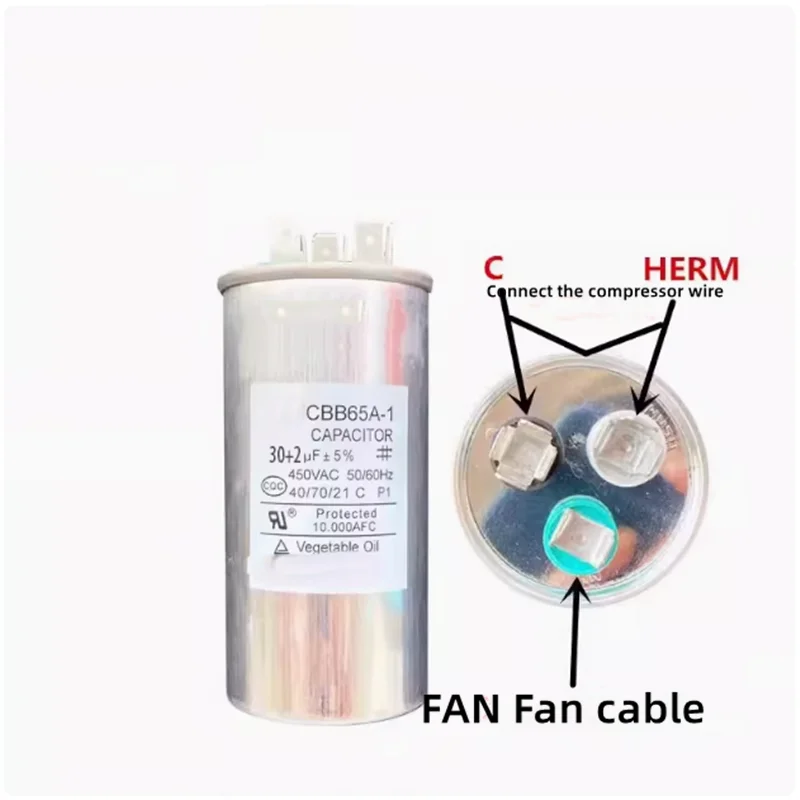

1PCS CBB65A Start capacitor 450V Air conditioning compressor + fan two-in-one Three-legged end 25UF+1.5UF 60UF+6UF