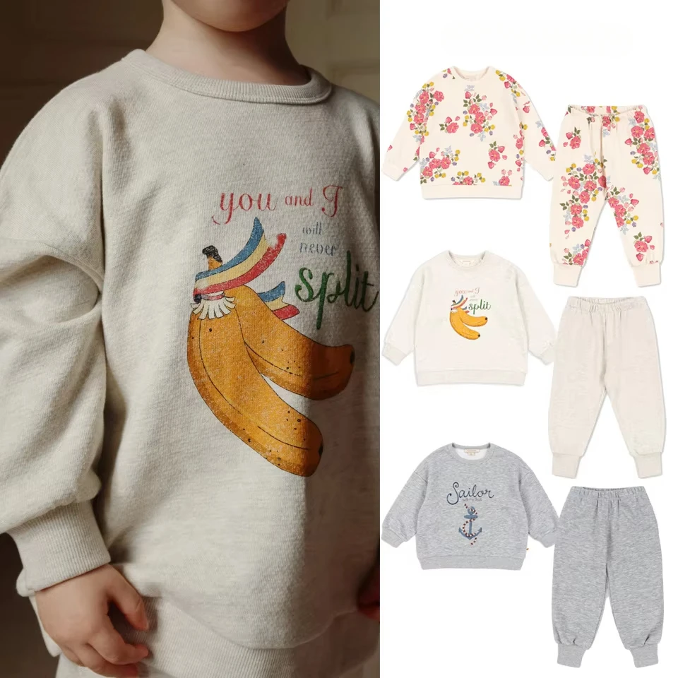 

1-9Y KS Spring Kids Cotton Sweatshirts Pants Suits Baby Boys Clothes Girls Casual Banana Floral Printed Hoodies Coats Pants Sets