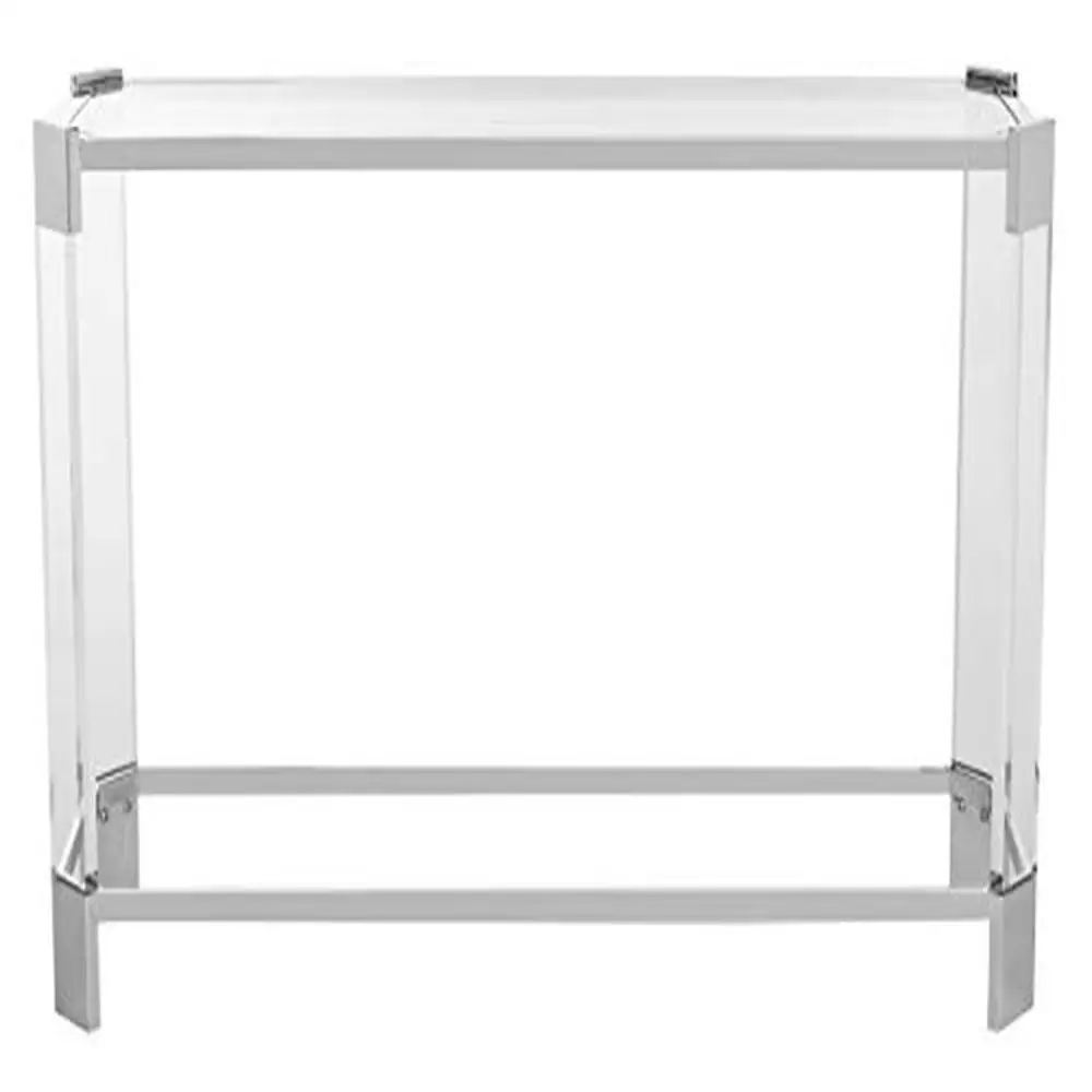 Glam Silver Stainless Steel Glass Console Table Clear Finish Modern Design Couture Home Living Room Bedroom Family Den Library