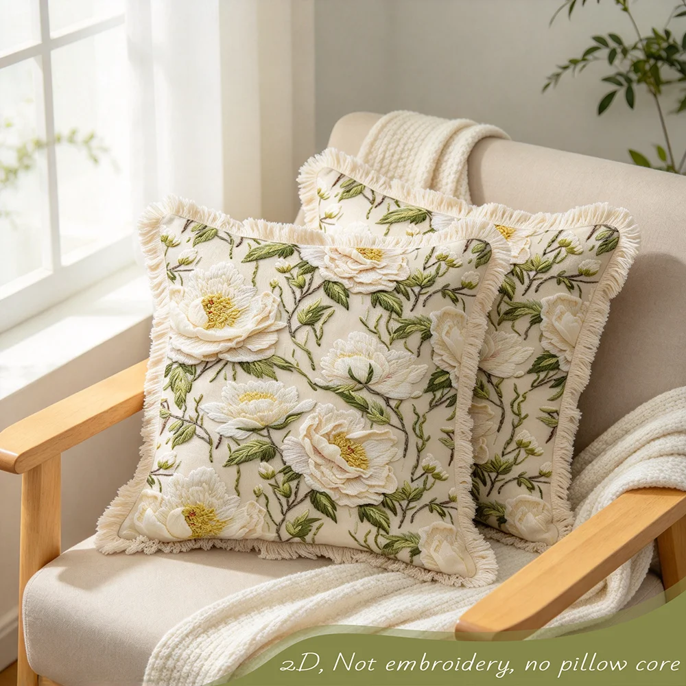 1 white peony pattern printed fringe pillowcase, plant printed pillowcase, digital printed polyester lace pillowcase