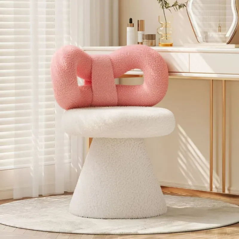 Cream Vanity Stool with Bow Back, Rotating Faux Sheepskin Makeup Chair,Nail Salon Stool for  Dressing Table,Aesthetic Home Decor