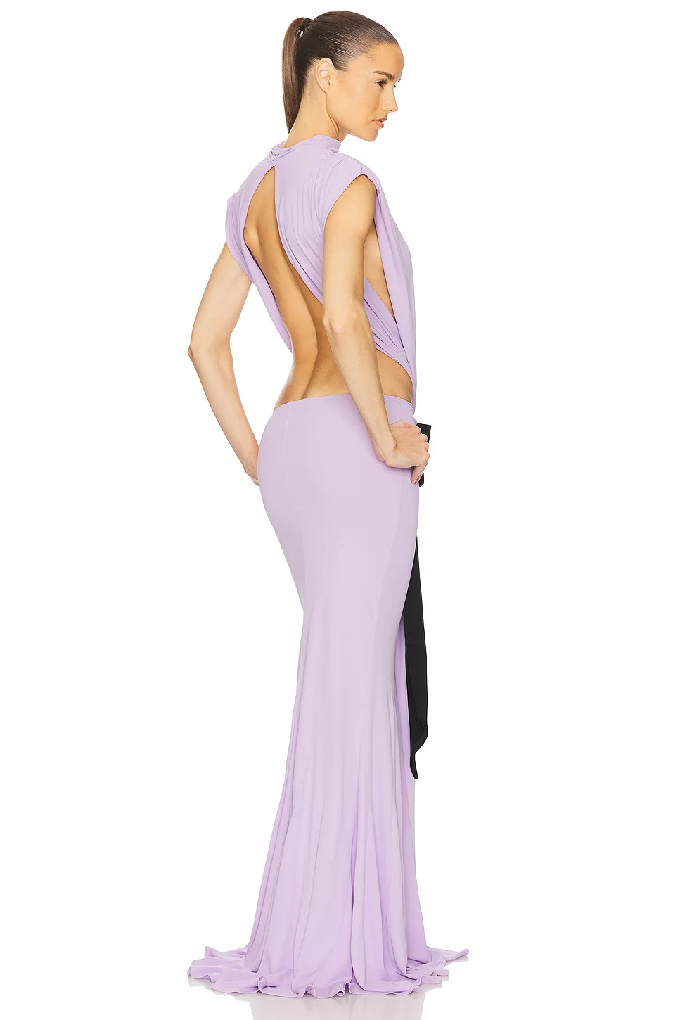 Sexy elegantes rückenfreies Maxikleid mit Schleife und Schnürung für Damen, ärmellos, mit Aussparungen, für Partys und Abendveranstaltungen, langes Kleid in Lila. – Detail 24