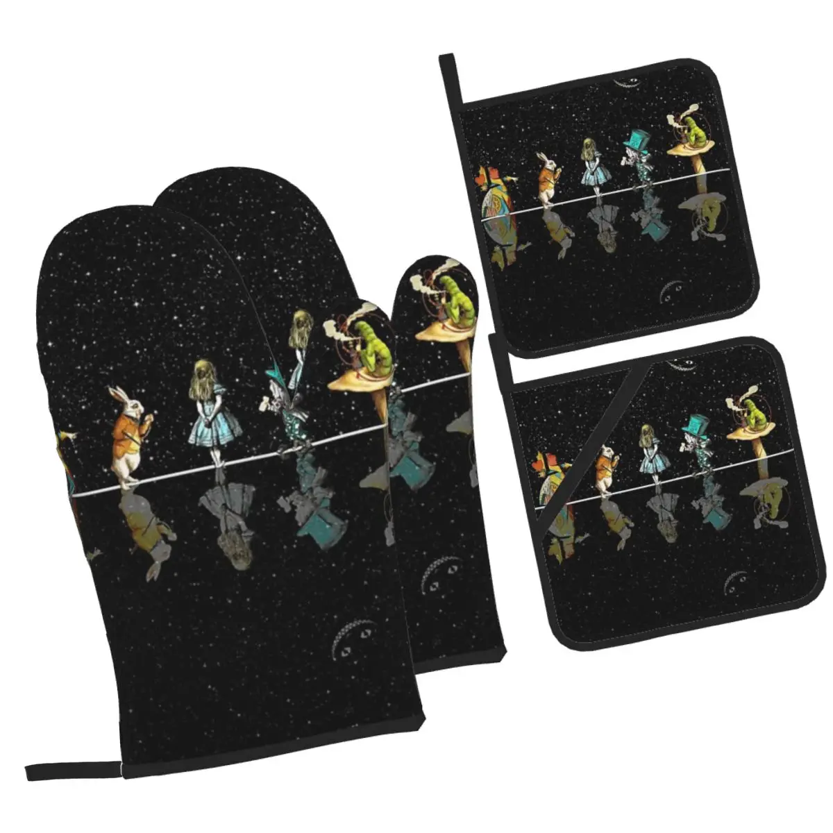 Wonderland Starry Night - Alice In Wonderland Insulation Four-Piece Set Gloves Oven Gloves Kitchen Baking Tools