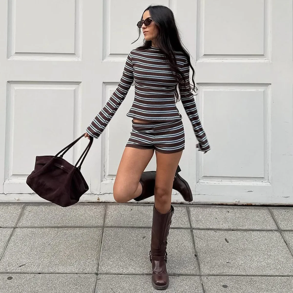 

Shorts Suit Women Striped 2 Piece Sets Top Short Pants Round Collar T Shirts Outfits Streetwear Ensemble Spring Summer 2026
