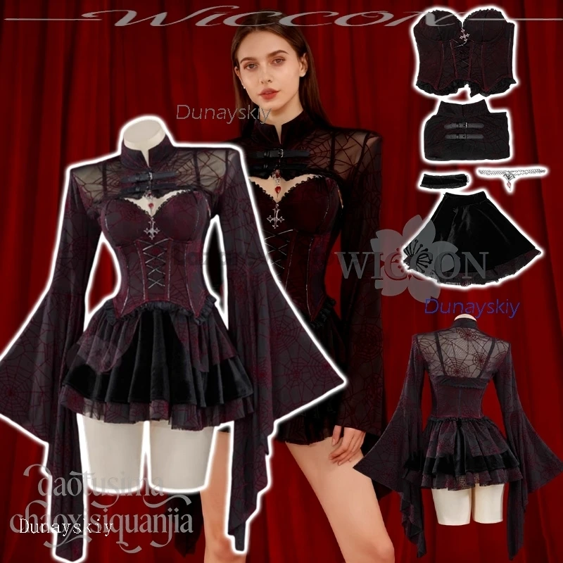 

Disfraz Halloweeen Christmas Activities Original Design Gothic Red Black Velvet Spider Web Pattern Strap Mini Dress Jirai Mujer