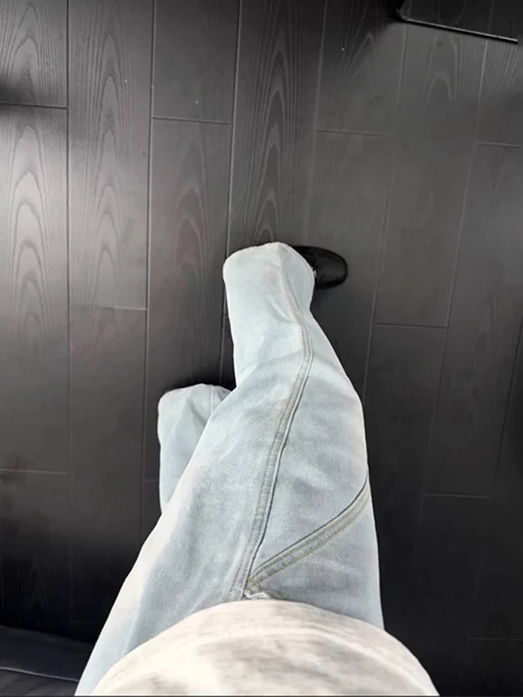 

Синие ковбойские джинсы с наклонным кроем, мужские осенние американские ретро-вибрационные модные свободные прямые джинсы с высокой талией, повседневные дышащие джинсы