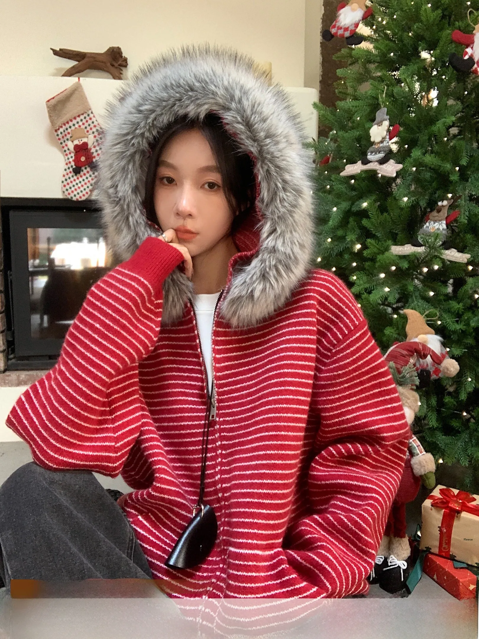 

Women's ort Knitted Hat Coat with Large Fur Collar Casual Sle Soft Polyester Fiber Blend Autumn Winter Warm Cardigan