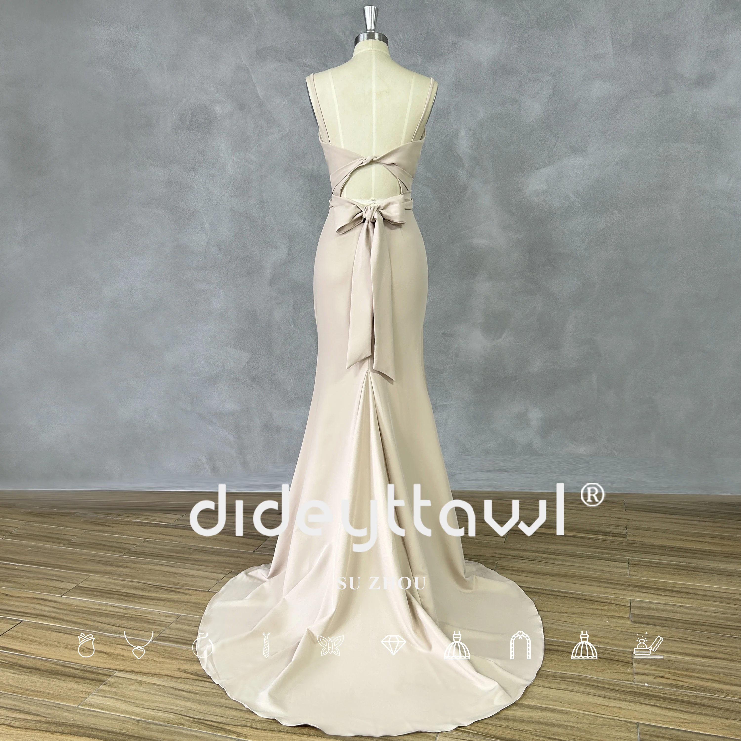 Dideyttawl Real Foto 'S Champagne Uitgesneden Spaghettibandjes Prom Dress Split Strik Boot Hals Mouwloze Schede Rugloze Avondjurk