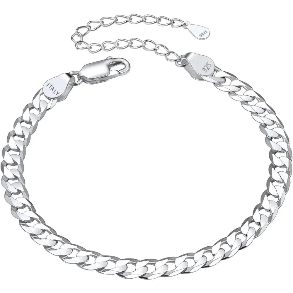 

3mm 5mm 925 Sterling Silver High Polished Flat Curb Cuban Link Chain Bracelet, Adjustable Dainty Bracelet for Women Girls