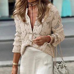 Women Elegant White Lace Hollow Out Shirts Spring Single Breasted Long Sleeve Blouse 2025 Fashion Female Commuting Streetwear