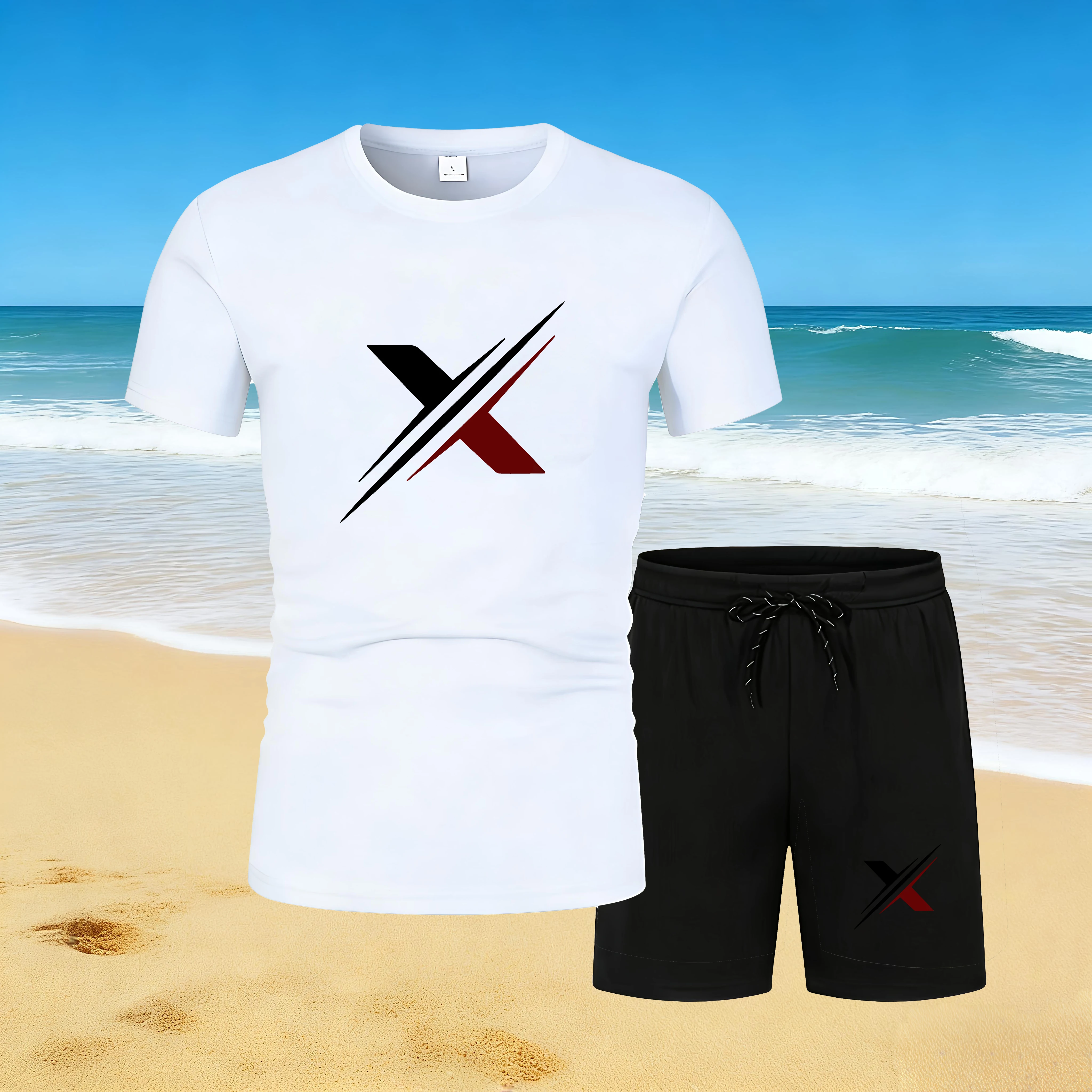 

2026 Summer Men's Mesh Breathable Quick Dry Sport Suit 2 Piece Set Short Sleeve T-Shirt + Shorts Running Gym Training Activewear