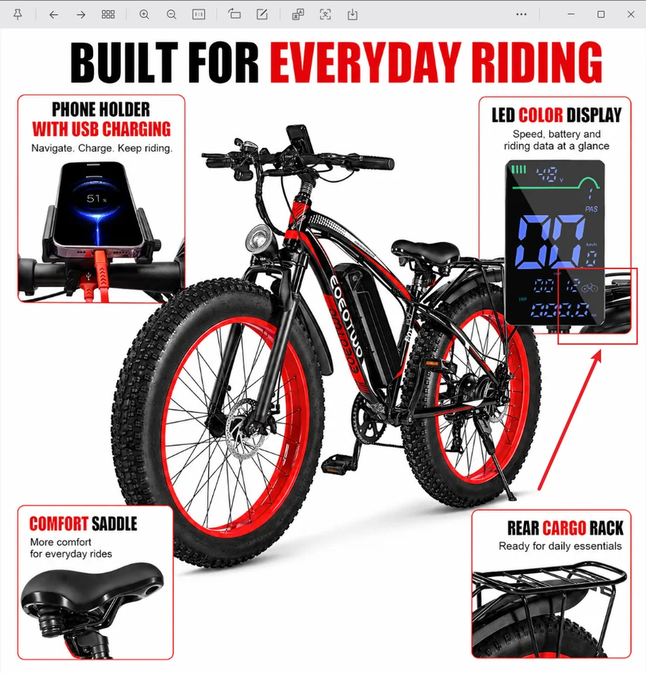 EOEOTWO Electric Bike for Adults, 26 Inch Fat Tire E-Bike, 1500W Peak, 48V 15Ah Removable Battery, 34MPH All Terrain Ebike image 9