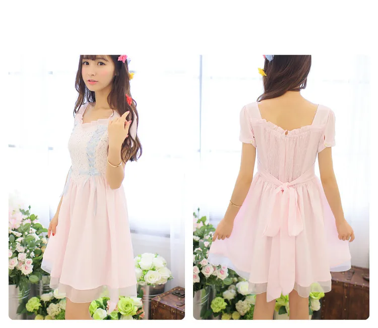 Japan Style Liz Lace Mesh Chiffon Mini Dress  Lisa Short  Sleeve Dresses