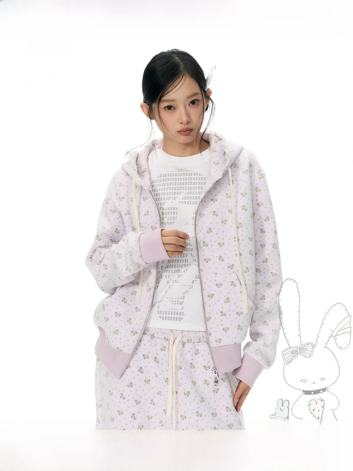 Original YUPH  Print Floral Purple Lazy Style Zipper Hoodie Jacket Women's Sweet Style Versatile Cotton Polyester Blend