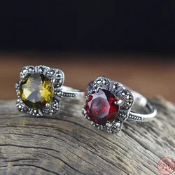 Genuine S925 Sterling Silver Charms Rings for Women New Fashion Oval Tangent Plane Garnet Marcasite Punk Jewelry Wholesale
