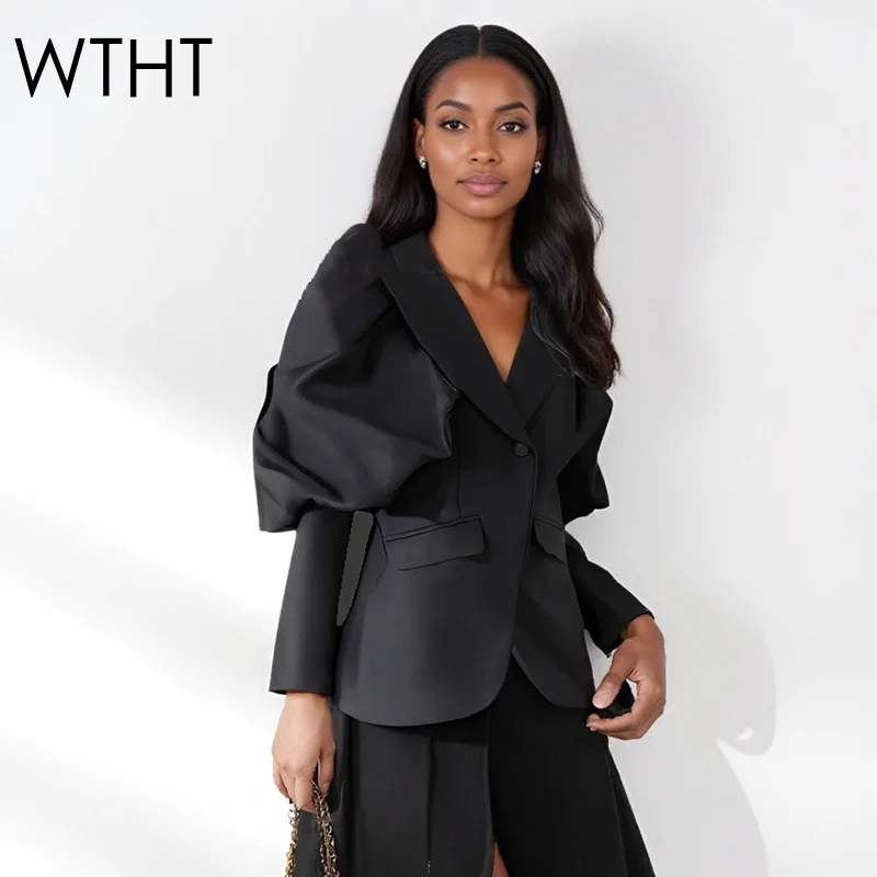 

WTHT Trendy Women Design Wrinkled Single Buttons Blazer 2025 Autumn Fashion New Spliced Lapel Long Sleeves Jacket Female 1LS2397