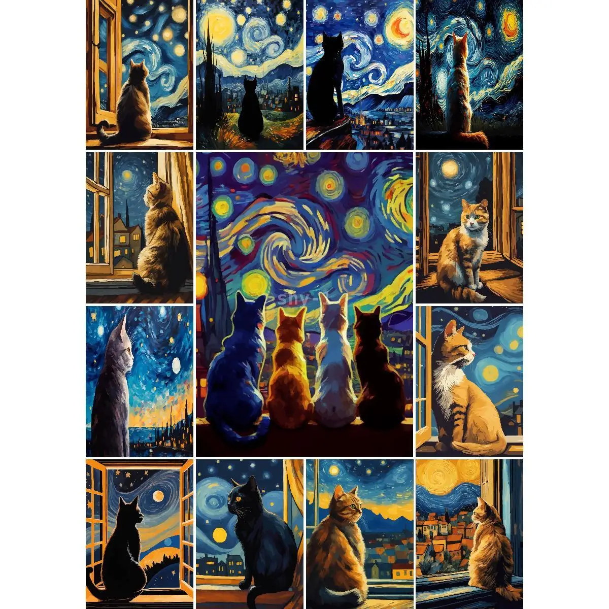 Starry Night Cat Poster  Animal Inspired Wall Art Print Nature  Travel Collection Home Decor