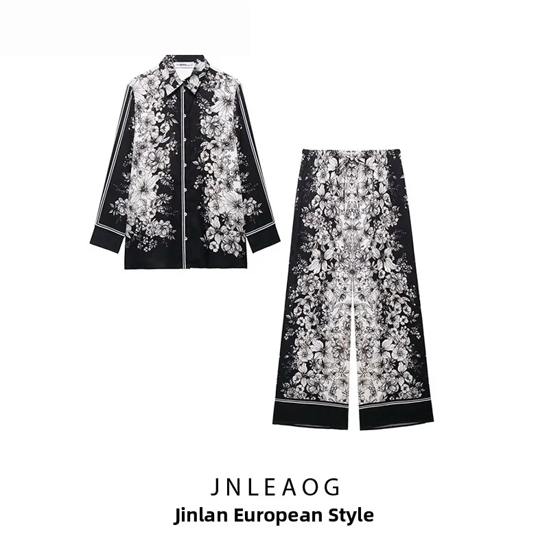 JNLEAOG Women's Printed Long Pants irt Dstring Faion Design Autumn New Sle Loose Fit Polyester Regular Sve Length