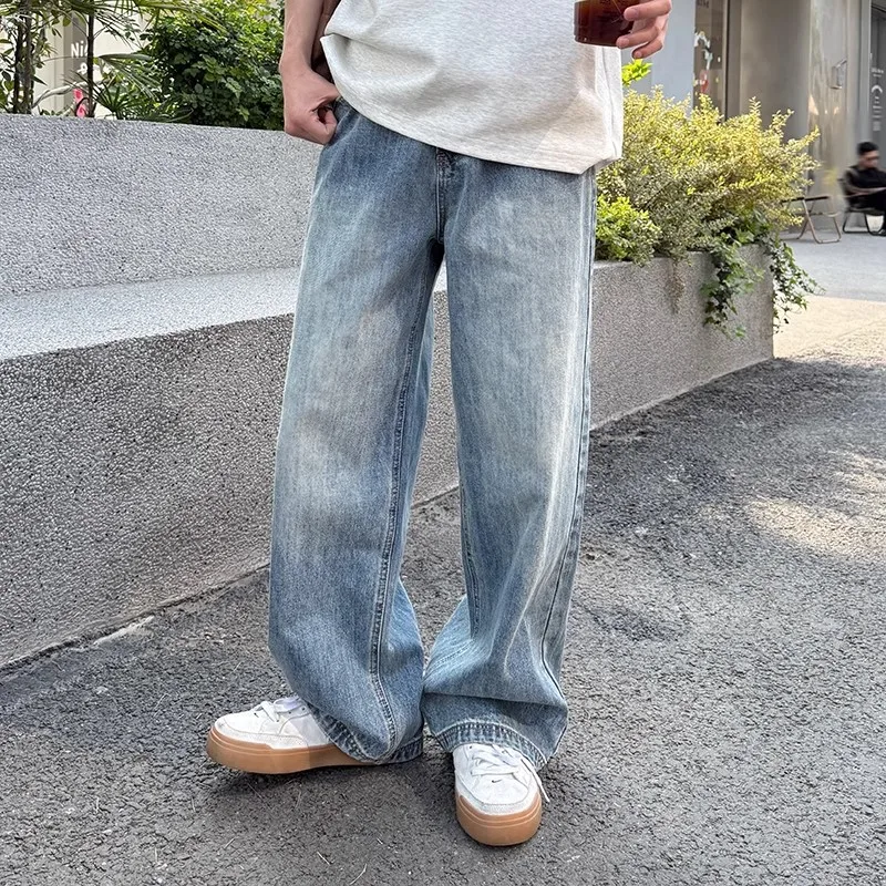 New Fashion Men's Blue Washed Casual Simple Basic Loose Wide Leg Straight Denim Trousers Male American Style Jeans Pants Clothes