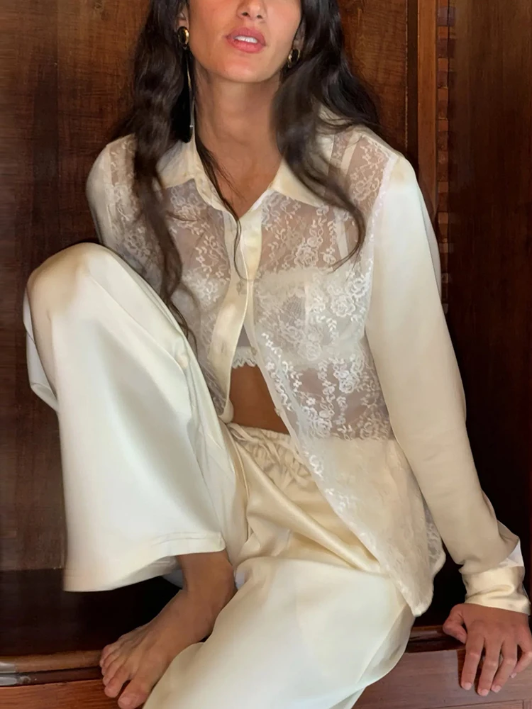 

Oniflyme кружевная лоскутная рубашка и брюки комплект женская модная блузка на пуговицах с длинным рукавом прямые брюки комплект из двух предметов повседневная одежда для вечеринок