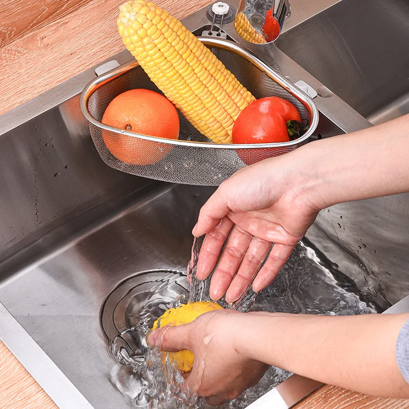 

Stainless Steel Sink Triangle Drain Basket Kitchen Residue Filter Net For Wash Vegetable And Leakage Storage Shelf