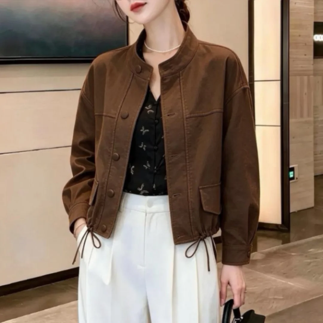 Damen Herbstjacke mit Stehkragen, kurze, dünne, elegante, schlichte Arbeitskleidung, lässiger Langarm-Crop-Top, lockerer Mantel, modisch, einfarbig – Detail 4