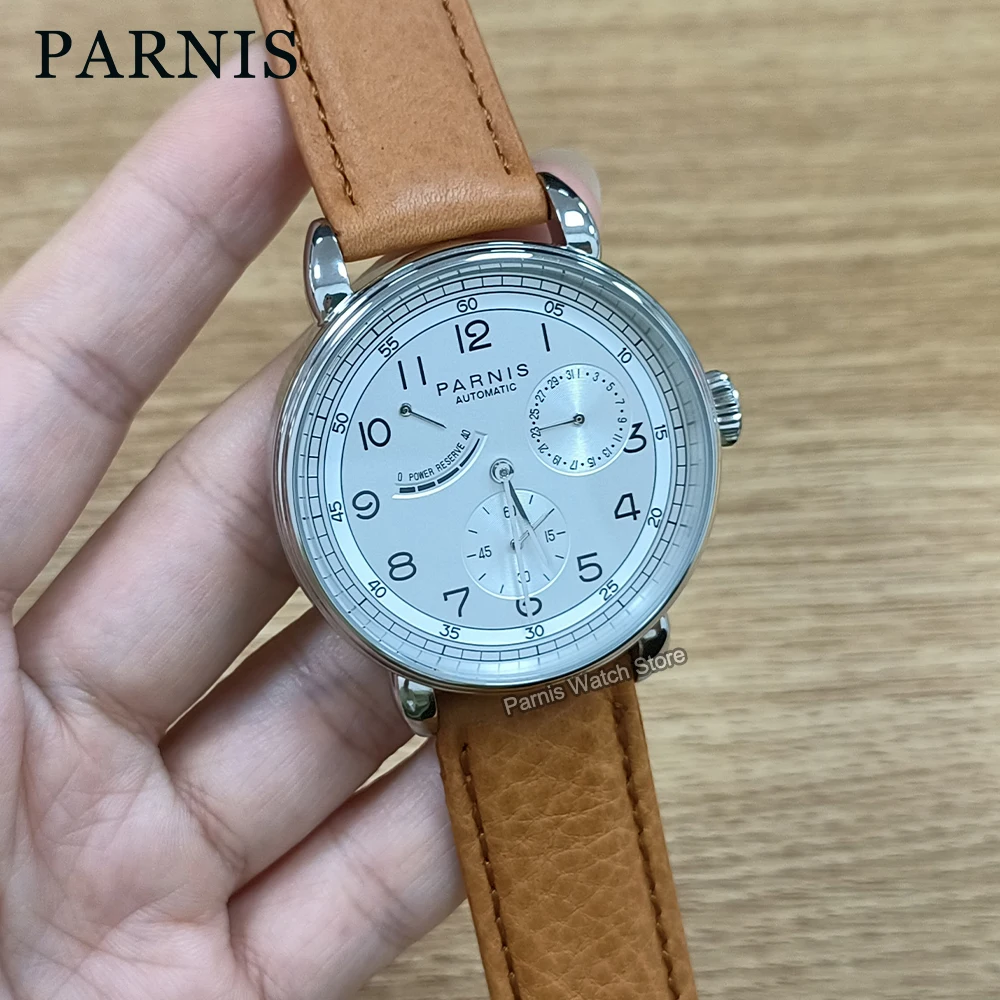 

Parnis 42mm White Dial Power Reserve Automatic Movement Watch Small Second Date Indicator