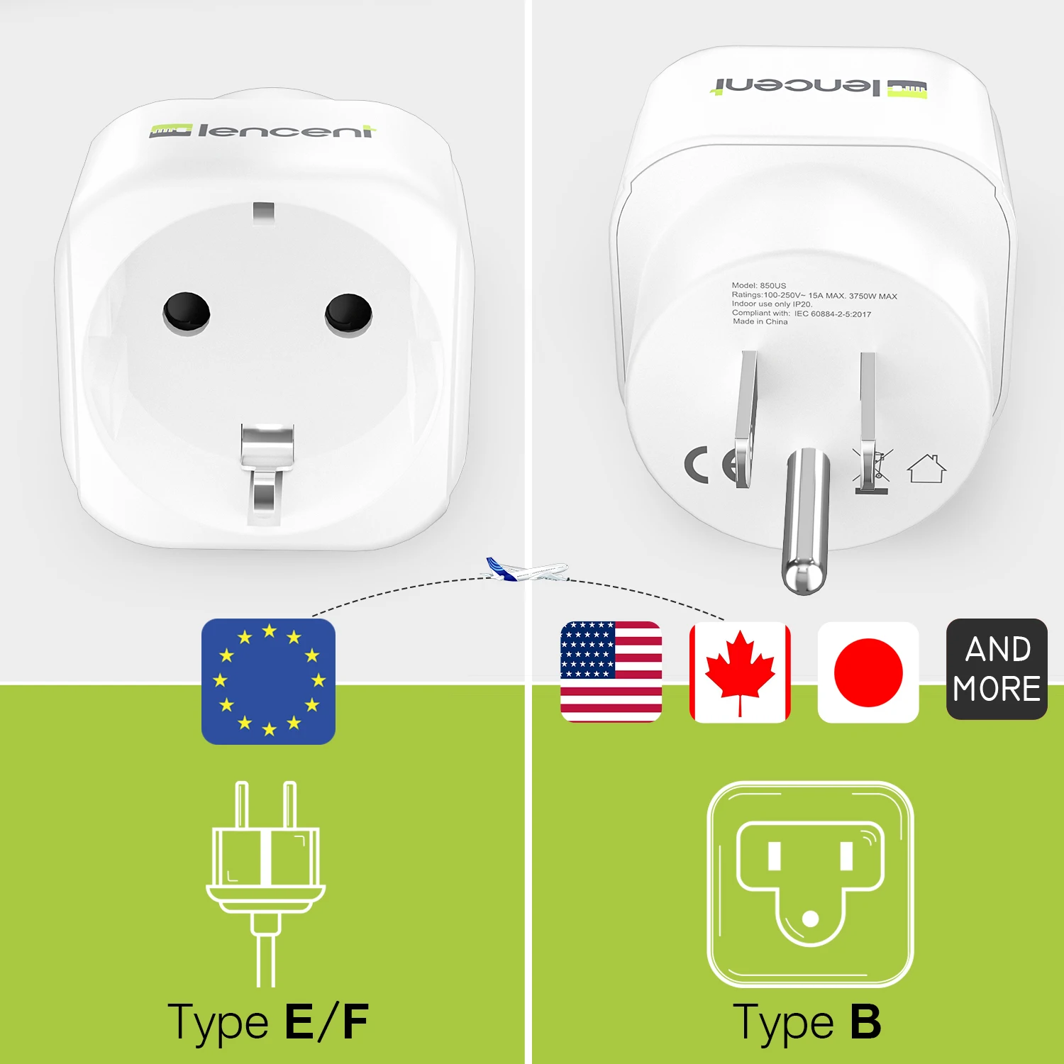 LENCENT 2 PCS EU to US Travel Adapter  Overload Protection Wall Charger Spanish 2-Pin Europe to 3-Pin USA for Travel /Home