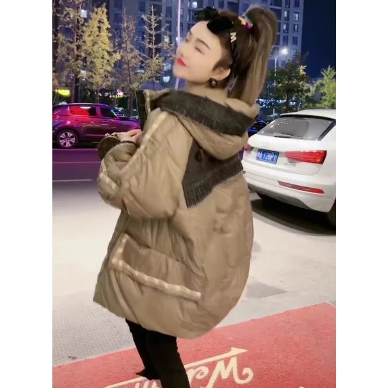 European Design Down Cotton Clothes New Niche Splicing Fluff Embroidery Age-reducing Bread Clothes Medium and Long Loose Clothes