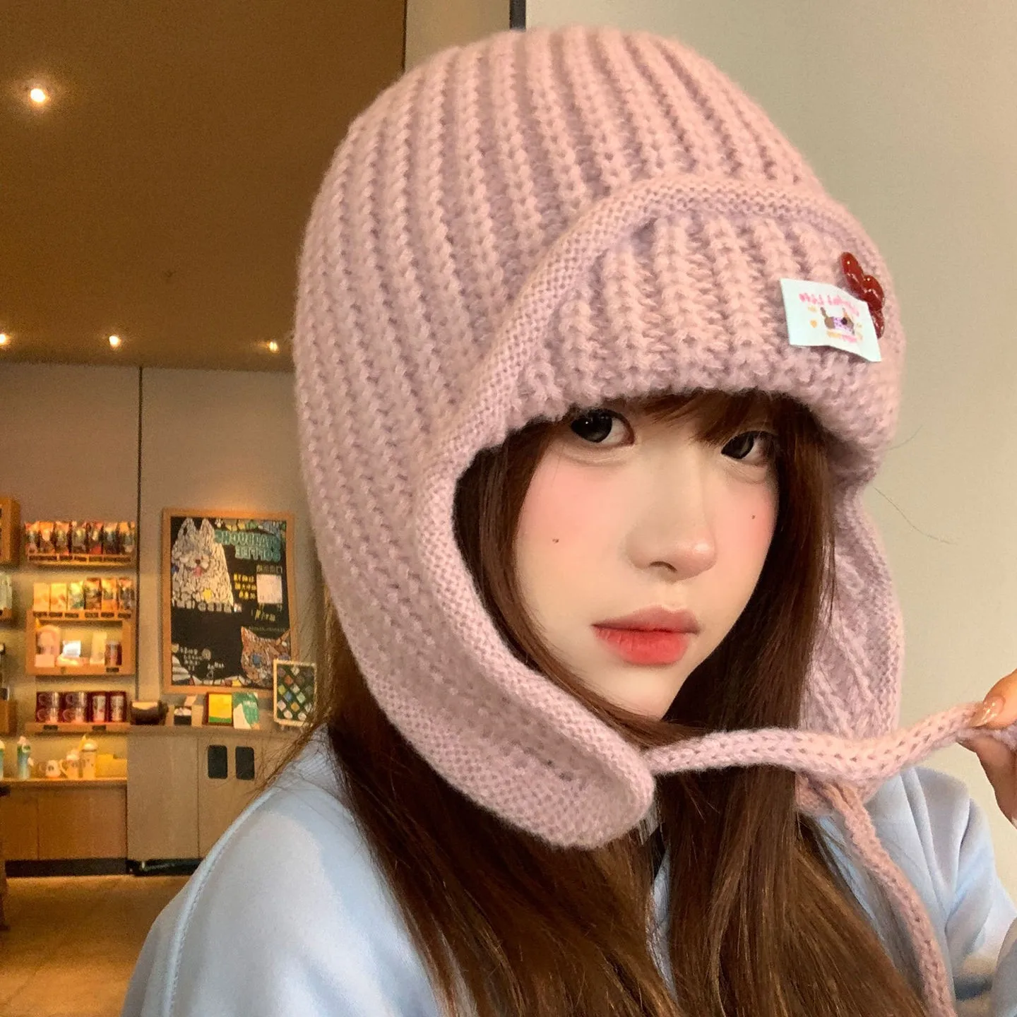 여성을 위한 얼굴을 돋보이게 하는 핑크 트래퍼 모자 - 귀덮개가 있는 일본풍 귀여운 니트 비니, 겨울용 따뜻한 작은 얼굴 모자