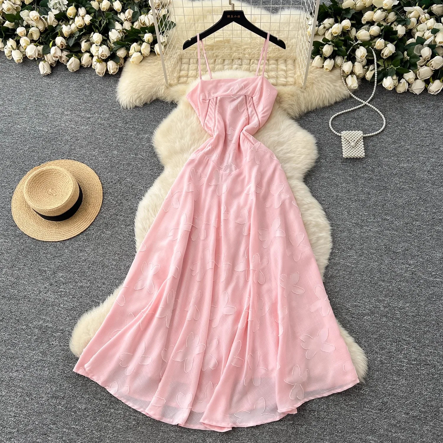 

Pink Jacquard Elegant Dress Women Spaghetti Strapped Summer Vacation Streetwear Clothing Lady Chic Vestidos Bodycon