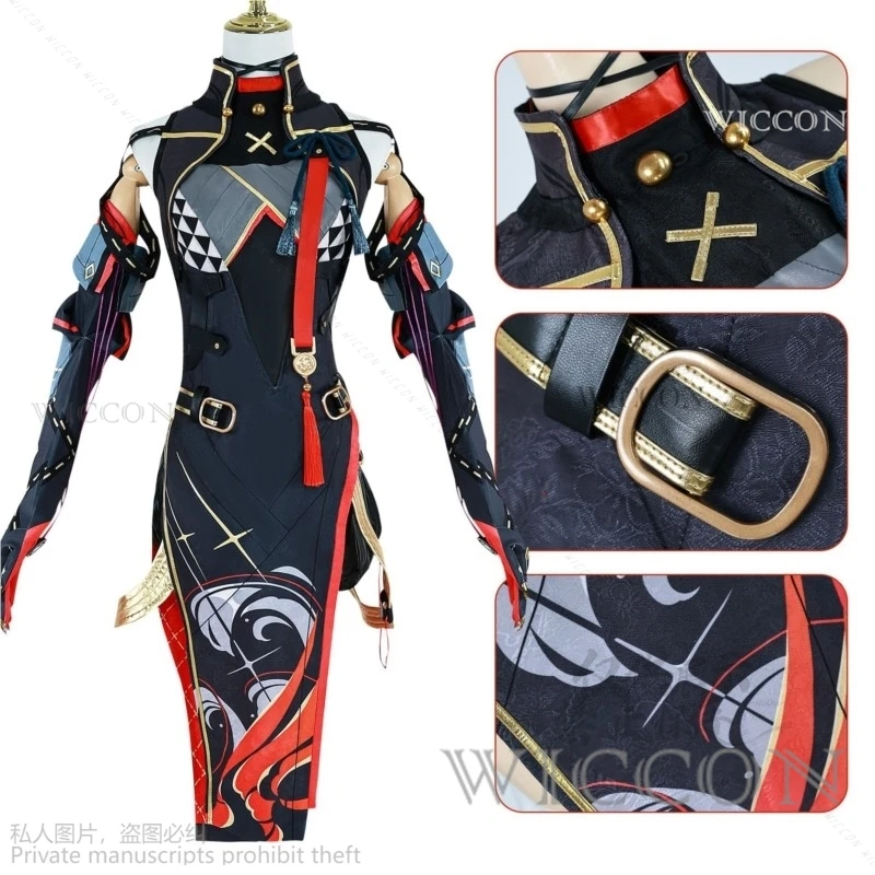 Anime Game Wuthering Waves Cosplay Yinlin Costume Wig Dress Outfit Uniform Headwear Sexy Suit Lolita Cosplay Dark Red Long Wig