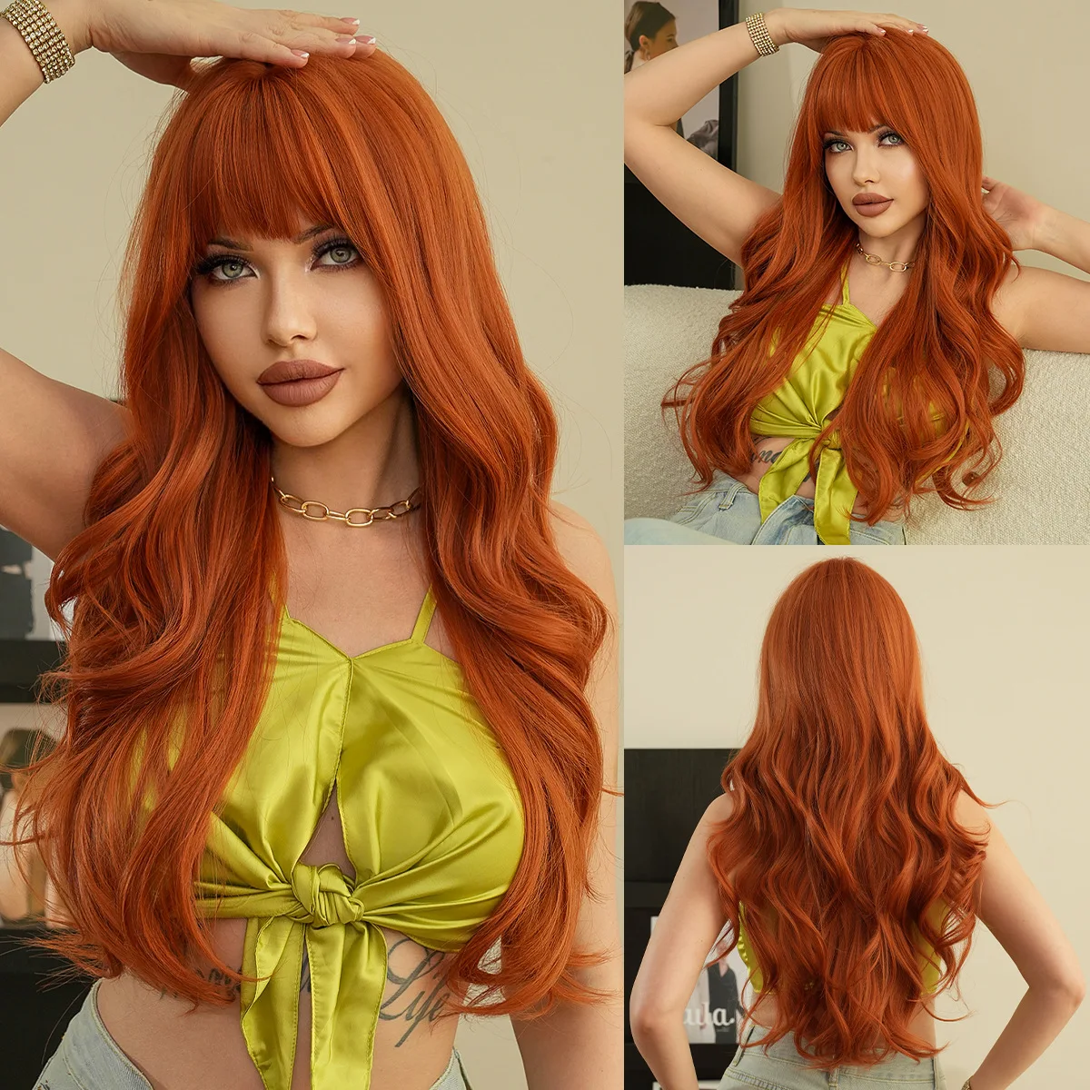 

New fashion orange synthetic wig with fringe long curly hair festival daily wig high temperature silk full head cover