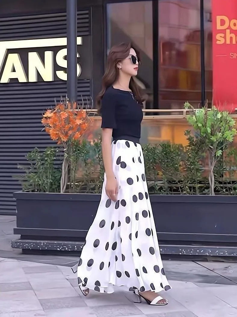 Jupe mi-longue en mousseline de soie pour femmes, longueur au sol, Vaion de plage Dr, grande jupe florale à pois, jupe trapèze pour les déplacements, nouvelle collection été